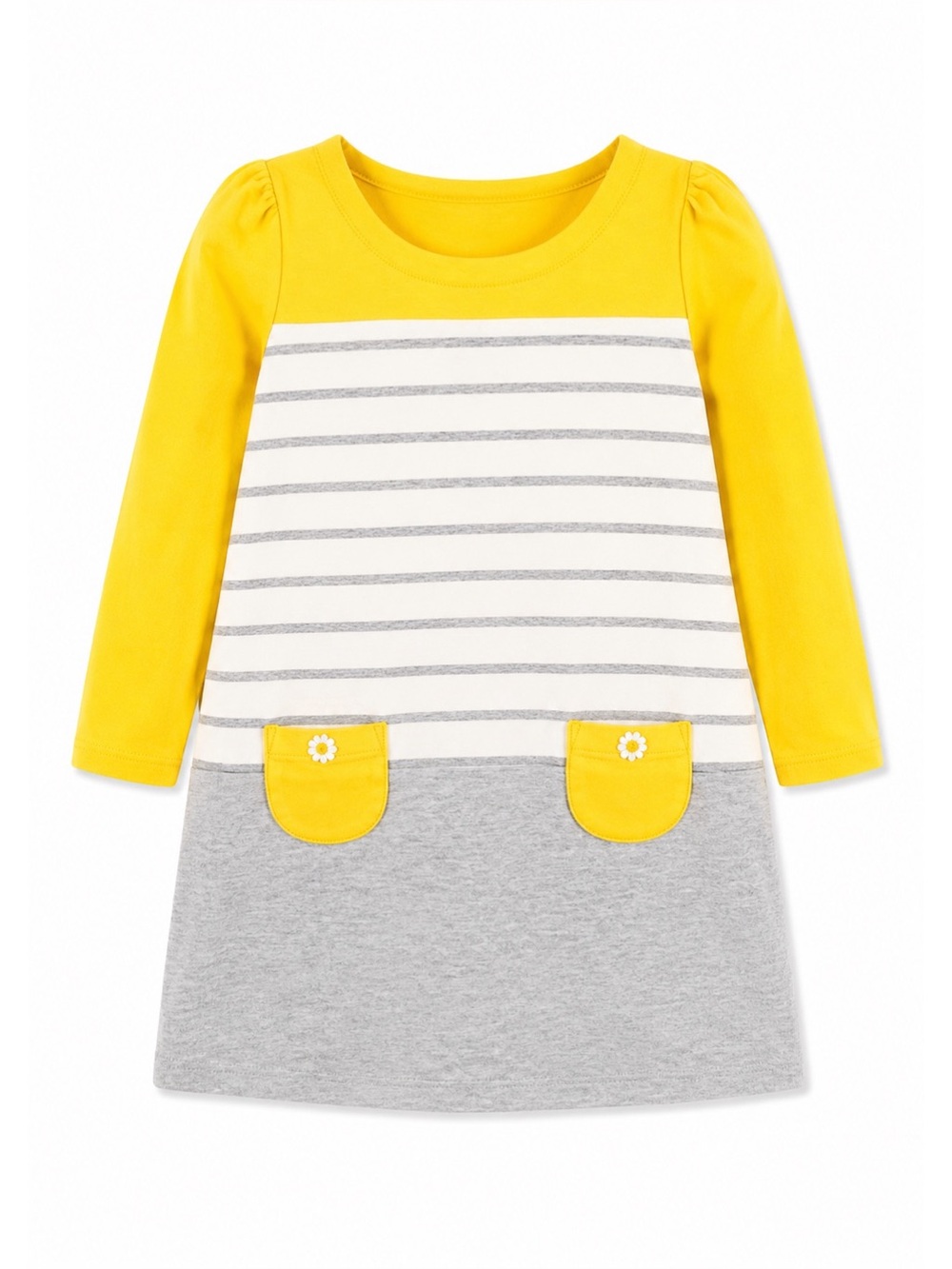 Gymboree Yellow White & Gray Long Sleeve Daisy Pocket Dress Girls Size 5